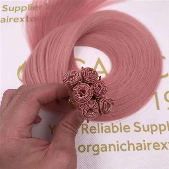 Wholesale human remy hand tied weft hair extensions customized color light pink X393